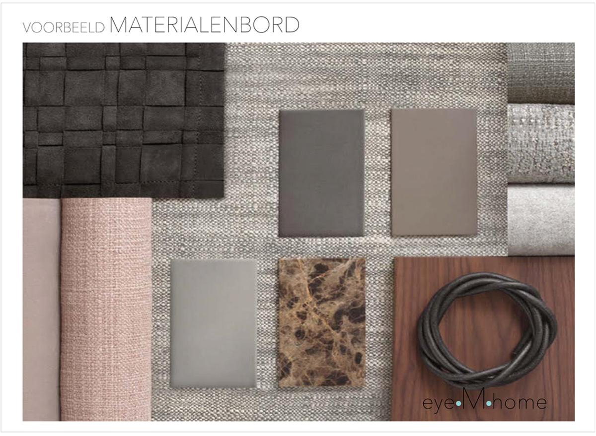 eyeMhome interieuradvies Amsterdam | Materialen moodboard met sfeerbeelden van kleuren- en materialen